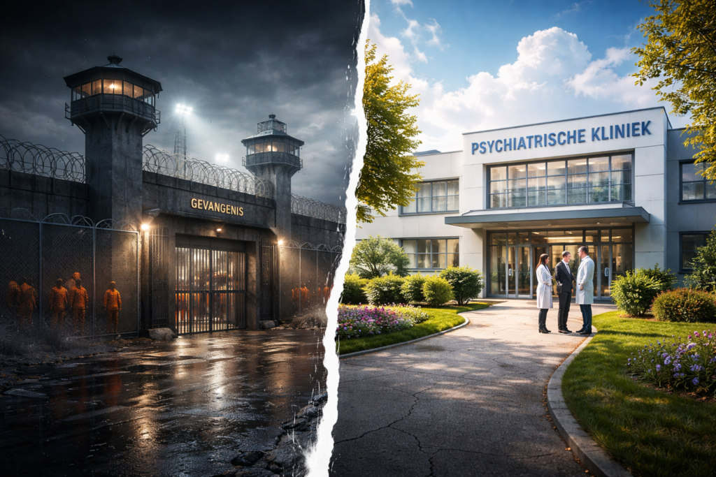 Gevangene in oranje pak achter tralies naast ingang van psychiatrisch ziekenhuis – verbeelding van wachttijden in het TBS-systeem.