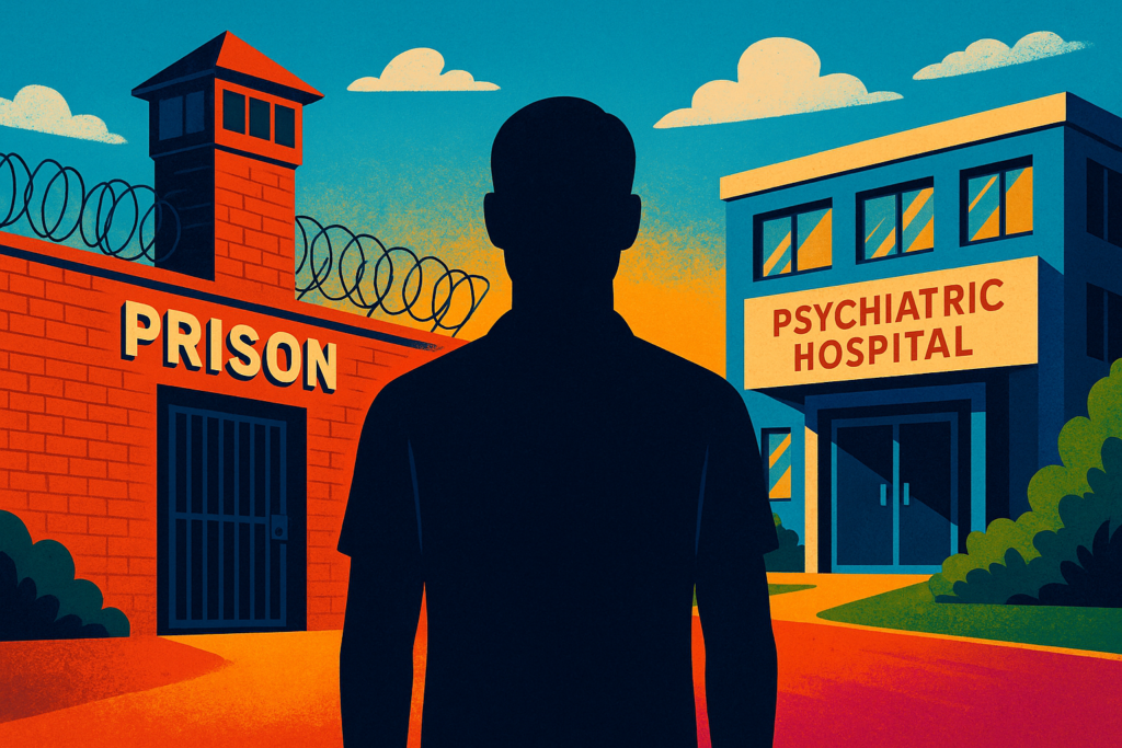 Illustratie van een man die moet kiezen tussen een gevangenis en een psychiatrisch ziekenhuis, met een grote oranje vraagteken ertussen.