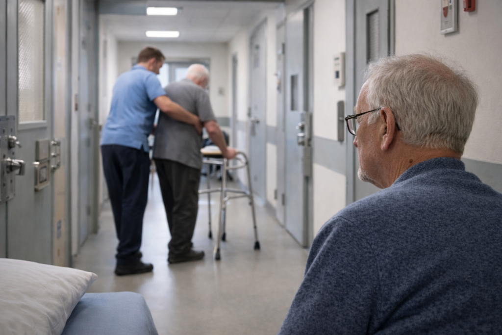 Oudere man in tbs-kliniek kijkt toe hoe een andere patiënt met rollator wordt begeleid door zorgmedewerker op gesloten afdeling.